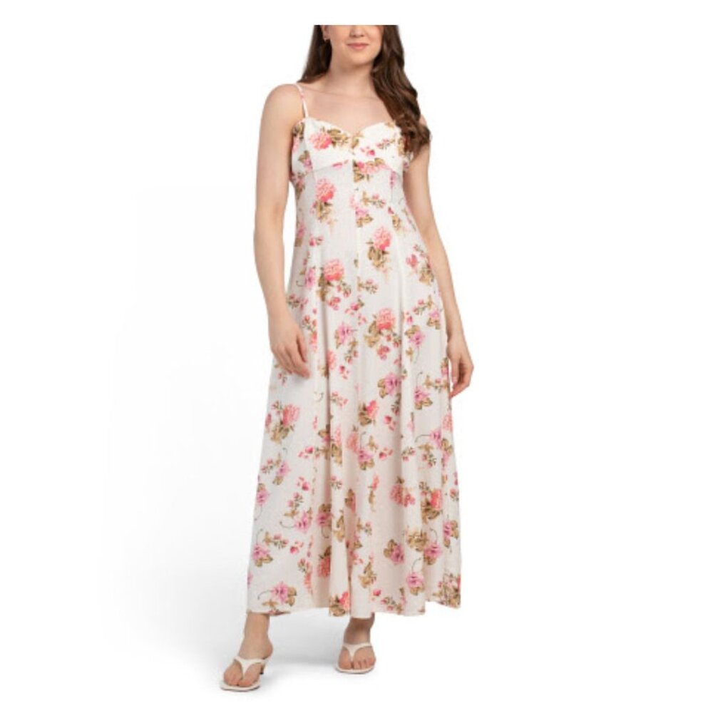 FORCYNTHIA Pink Floral Linen Blend Sleeveless Sweetheart Empire Maxi Dress L NWT